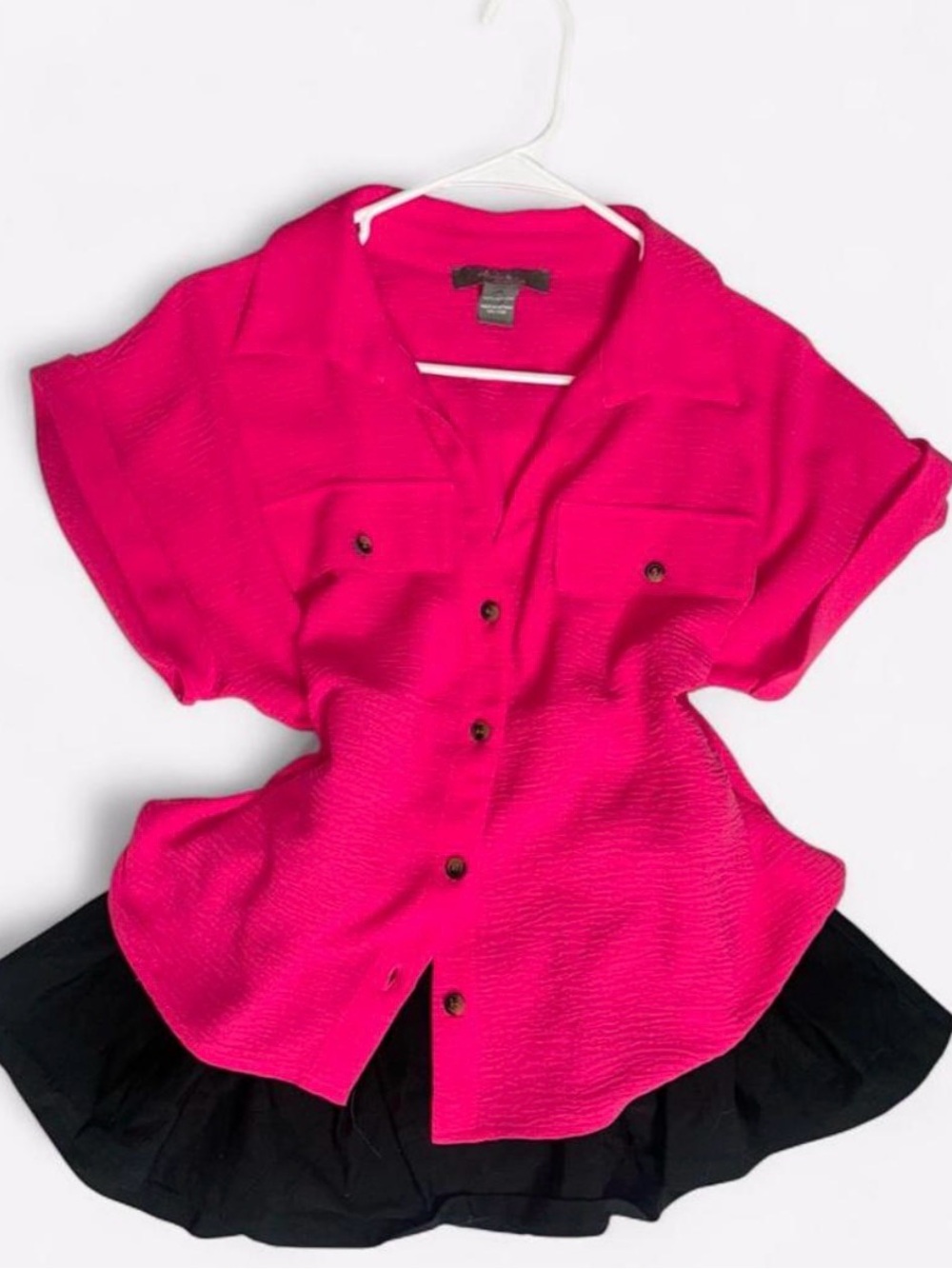 Bright Pink Short-Sleeve Button Front Blouse